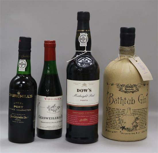 A 150cl bottle of Ableforths Bathtub Gin, Dows Midnight Port and two half bottles, Churchills Port, Geisweiler & Fils Volnay(4)